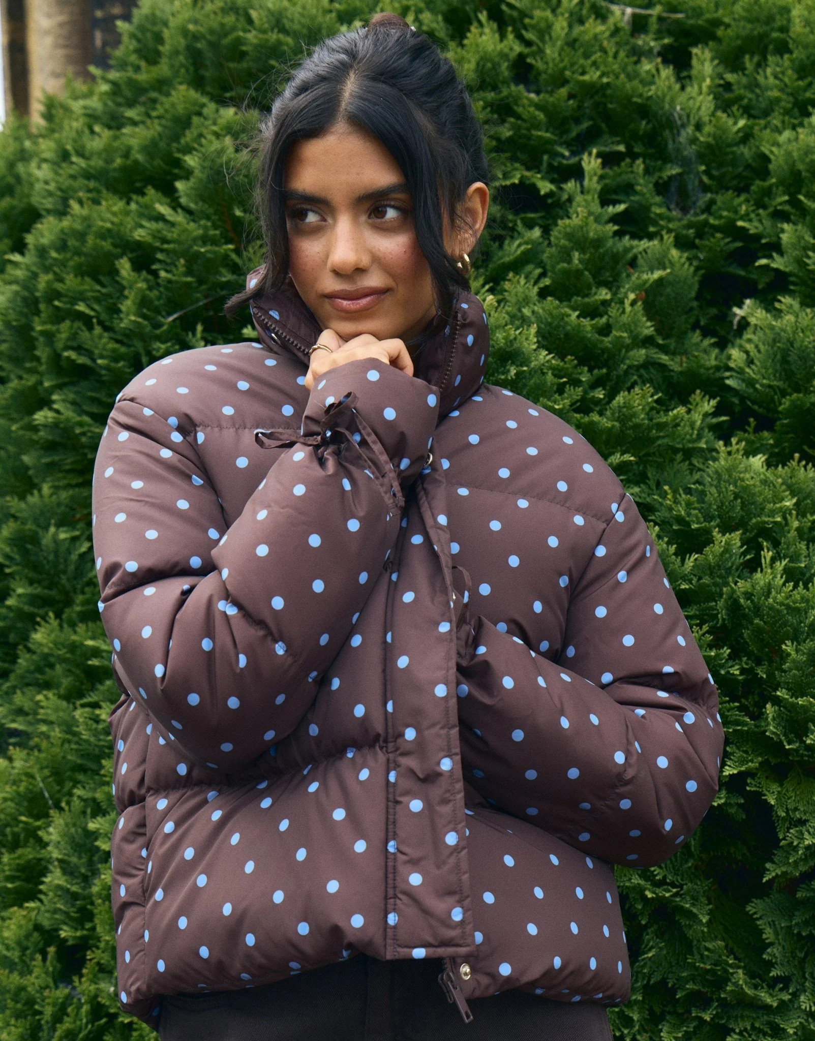 Funnel Neck Puffer Coat in Chocolate Brown Polka Dot | Threadbare UK