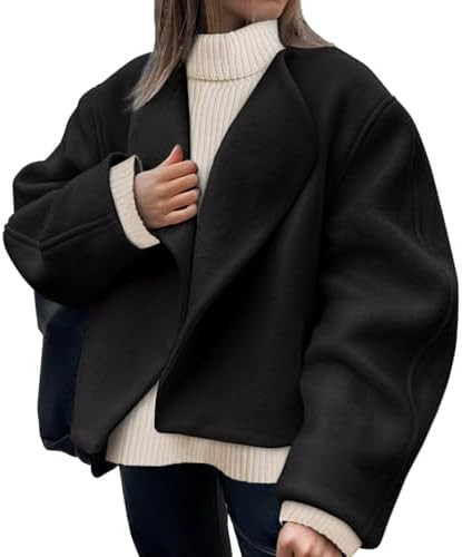 Tankaneo Womens Oversized Cropped Pea Coat Lapel Open Front Jacket Winter Short Outerwear | Amazon (US)