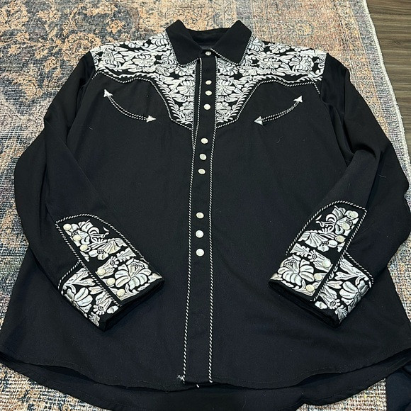 Lansky Bros Floral Embroidered Western Shirt Mens m Black Pearl Snap Rockabilly | Poshmark