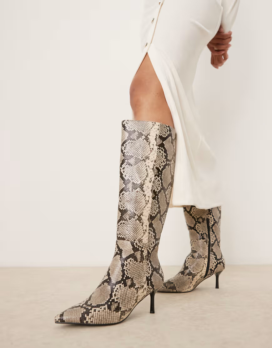 New Look pu heel knee boot in snake print-White | ASOS (Global)