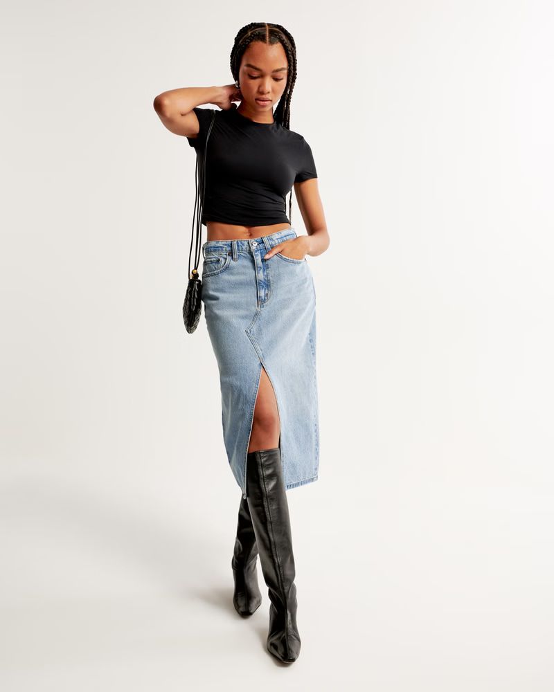 Women's Denim Midi Skirt | Women's Bottoms | Abercrombie.com | Abercrombie & Fitch (US)