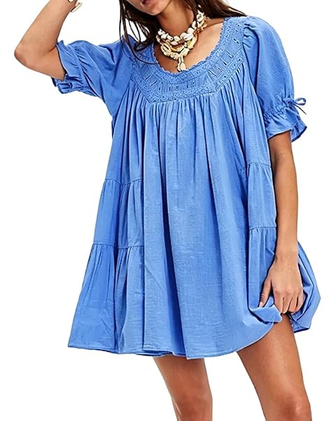 Women Puff Sleeve Babydoll Mini Dress Y2K Lace Trim Ruffle Flowy Dresses Summer Loose Swing Going... | Amazon (US)