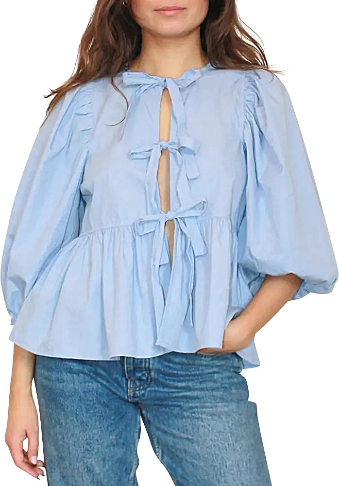 Women Tie Front Tops Puff Sleeve Babydoll Shirts Y2K Cute Ruffle Peplum Going Out Top Blouse Tren... | Amazon (US)