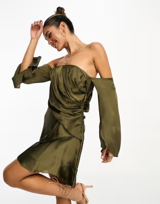 ASOS DESIGN satin draped bandeau mini skater dress in khaki | ASOS (Global)