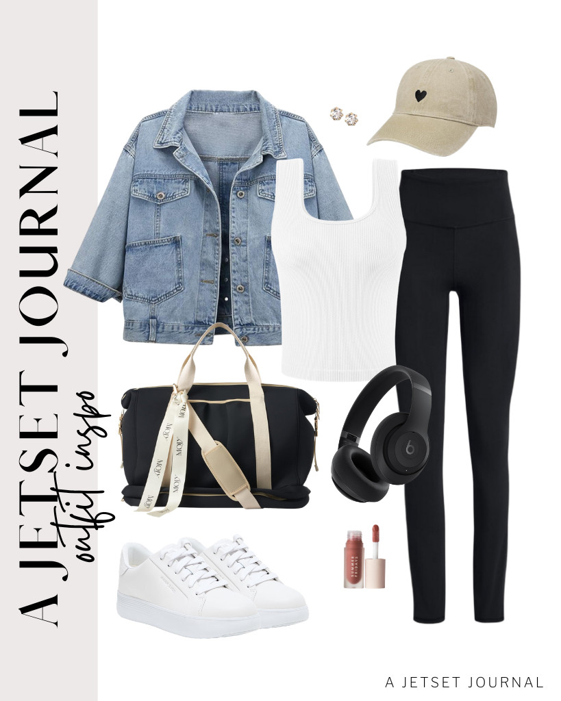 For the next outfit, wear a white fitted tank top and buttery-soft leggings, then layer with a retro-style denim jacket. You can wear these Cole Haan platform sneakers and Beats over-ear headphones to style the fit.

#LTKSeasonal #LTKSaleAlert #LTKTravel 

 