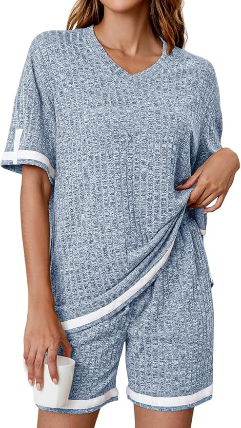 Anbech Womens Pajamas 2 Piece Ribbed Knit Lounge Sets Loose Tops Shorts Matching Loungewear | Amazon (US)