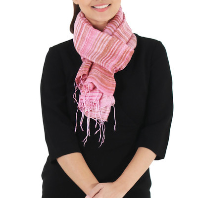 Thai Hand Woven Pink and Brown 100% Silk Scarf | NOVICA
