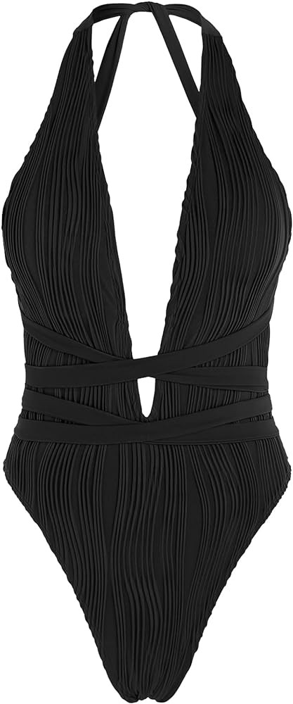 ZAFUL Women's One Piece Swimsuit Deep V Neck Ribbed Self Tie Sexy High Cut Bathing Suit Crisscros... | Amazon (US)