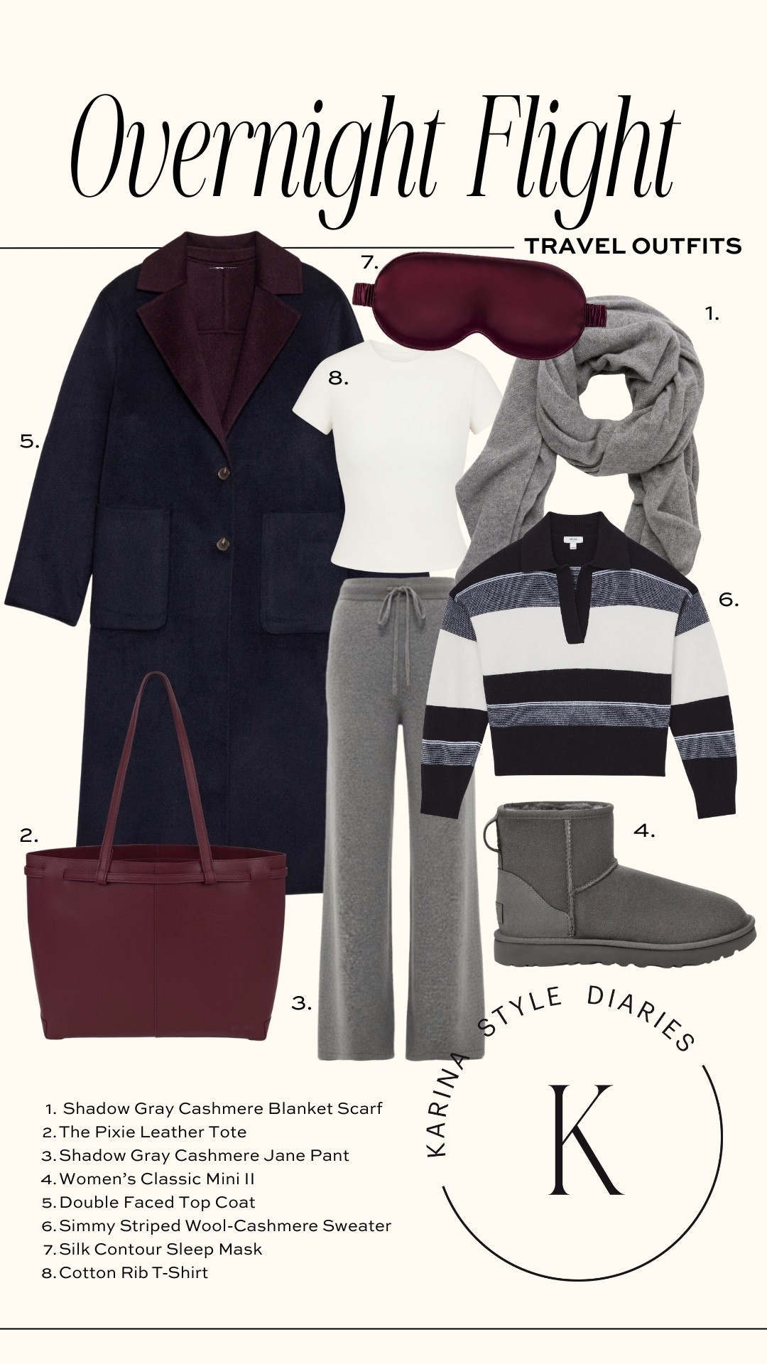 What to wear for an overnight flight! 

Chic and cozy winter outfit idea, with double sided wool coat, cashmere wrap, cashmere pants, mini uggs, cashmere polo sweater, and silk eye mask


#LTKSaleAlert #LTKTravel #LTKHoliday