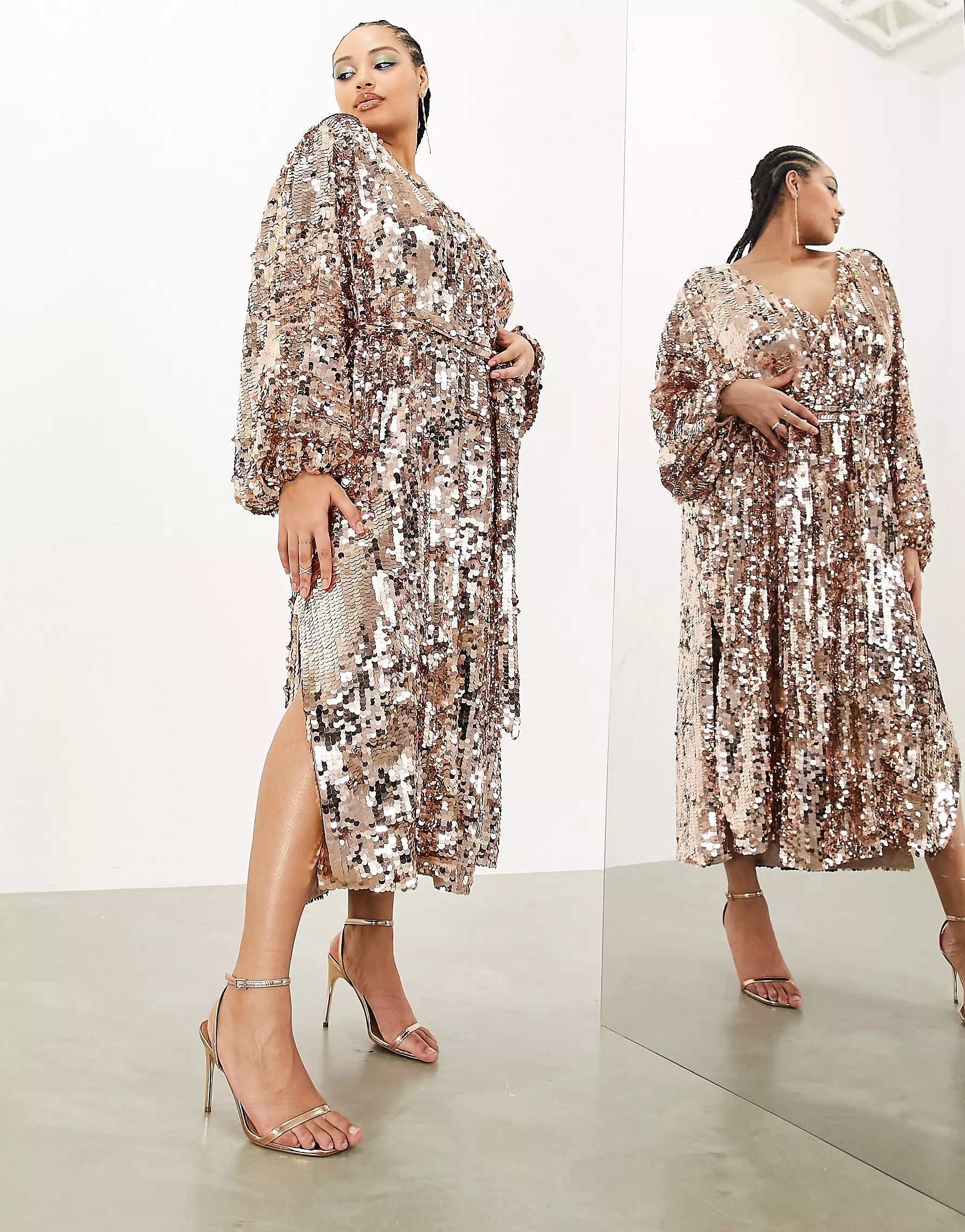 ASOS EDITION Curve batwing sleeve sequin wrap midi dress in gold | ASOS (Global)