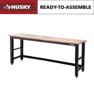 96 in. W x 24 in. D Adjustable Height Black Workbench with Solid Wood Top | The Home Depot