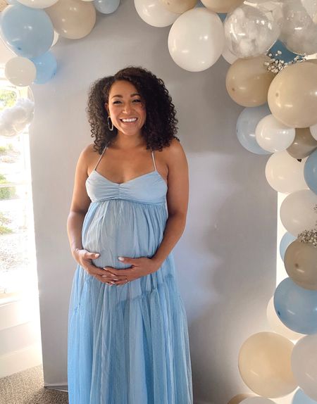 The perfect baby shower dress! Flowy blue midi dress for my baby boy 💙 or comes in pink/blush for a girl 💕 not maternity but in my normal small with room for the bump!  

#LTKbump #LTKfindsunder100