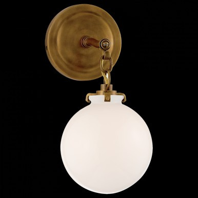 Katie Bathroom Wall Sconce, 1-Light, Globe, Hand-Rubbed Antique Brass, White Glass, 12.5"H (TOB 2... | Lighting Reimagined
