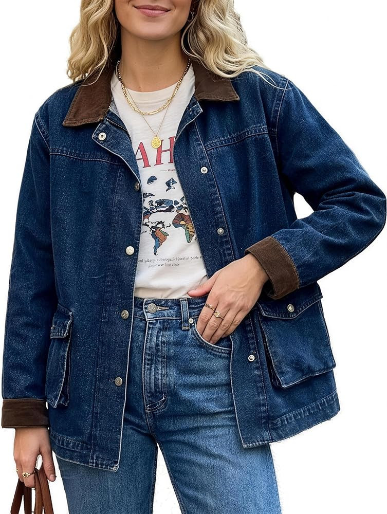 EMMIOL 025 Oversized Jean Jacket Women, Y2K Denim Fall Jackets Coat Vintage Trendy Relaxed Fit | Amazon (US)