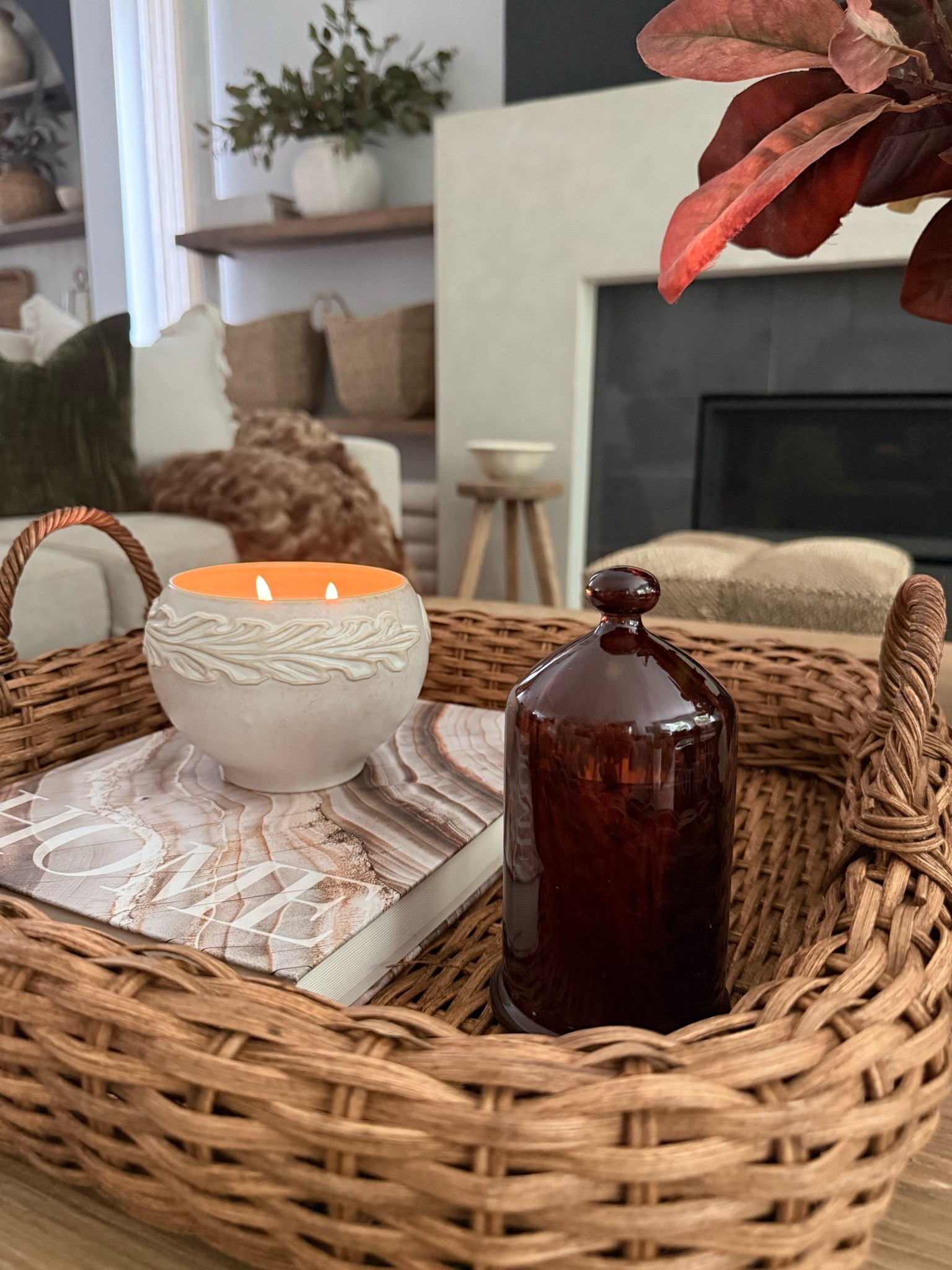 Cozy tray🤎🤎
This brown glass cloche with matchsticks couldn’t be more perfect for Fall! 
Target home decor 
Coffee table decor