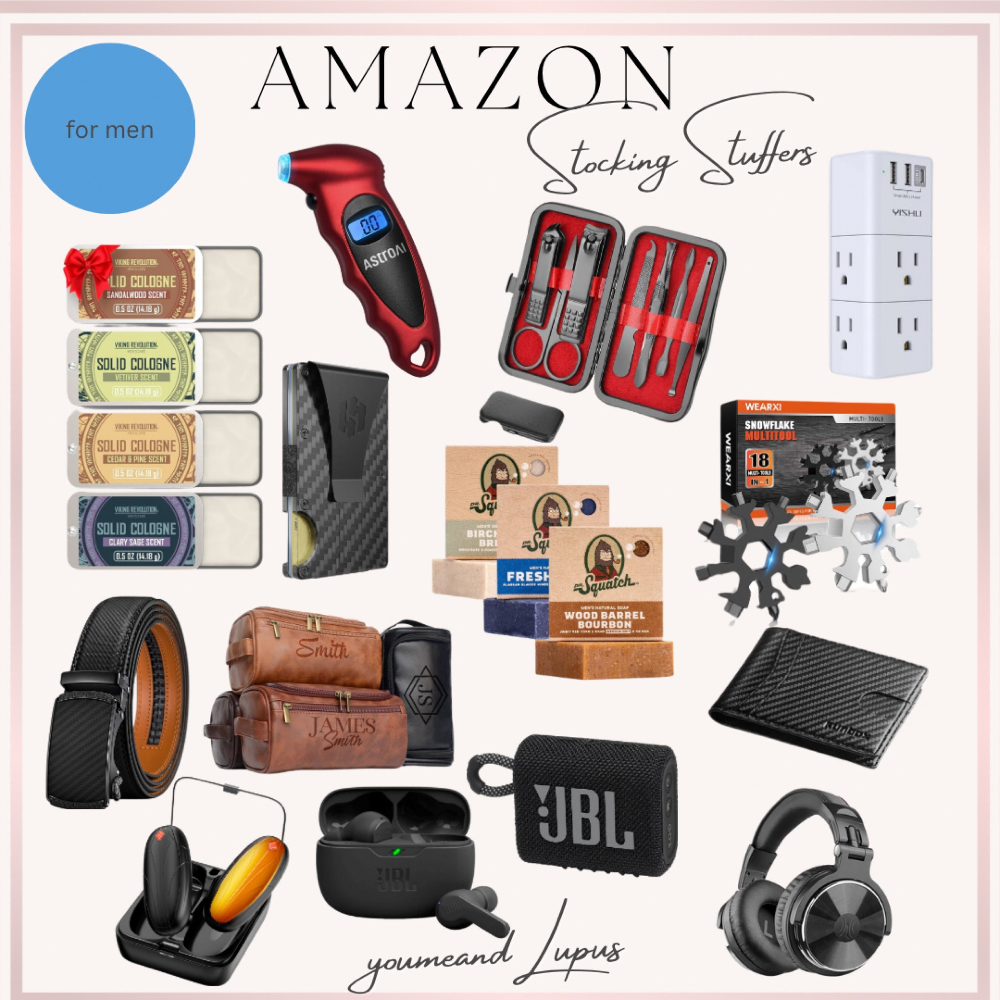 Amazon Stocking stuffers for him, JBL speaker, headphones , earbuds, overnight travel bags, belts, hand warmers, men’s natural bar soap, wallets, card holders, multi tool, personal manicure set, YoumeandLupus, tire, pressure gauge, Christmas, Xmas, gift guide, gifting, holiday, men’s solid colognes, rechargeable flashlights, gift giving for guys

#LTKHoliday #LTKSeasonal #LTKGiftGuide