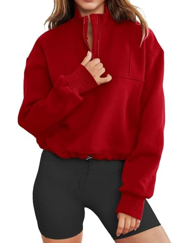 INFITTY Womens Sweatshirts Half Zip Cropped Pullover Drawstring Quarter Zipper Hoodies Fall outfits Clothes Red S | Amazon (US)
