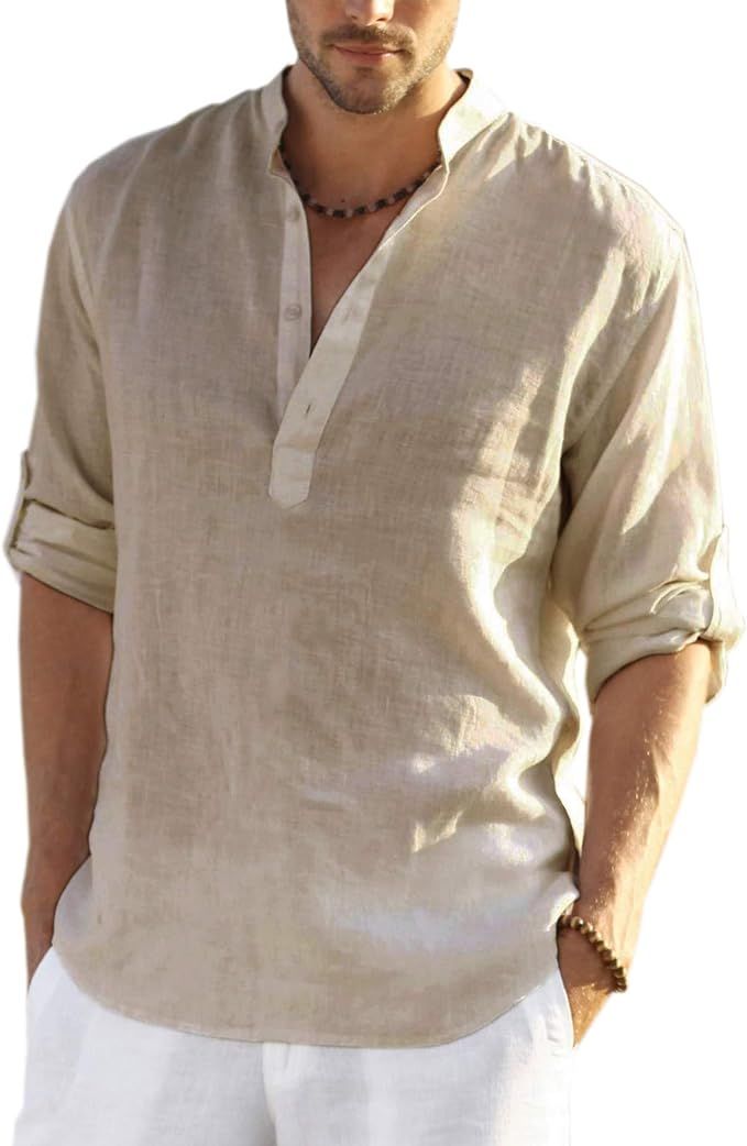 COOFANDY Men's Cotton Linen Henley Shirt Long Sleeve Hippie Casual Beach T Shirts | Amazon (US)