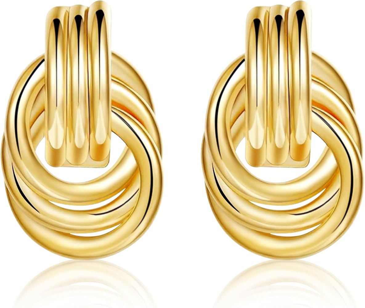 Sterling Silver Post Statement Geometric Dangle Earrings for Women Girls Chunky Gold and Silver K... | Amazon (US)