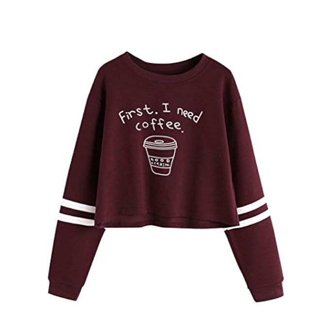 Women T shirt,Haoricu Women"First i need a coffee" Letter Print Long Sleeve Casual Sweatshirt Pullov | Amazon (US)
