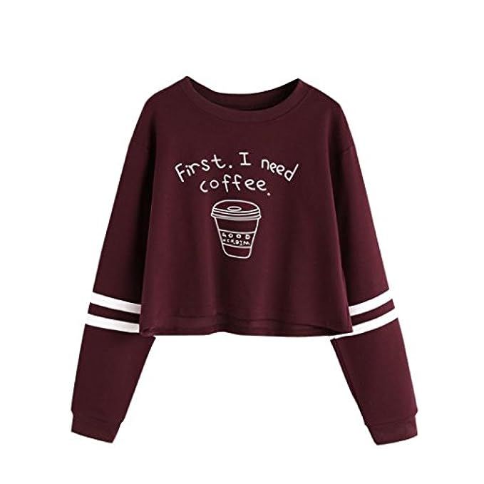 Women T shirt,Haoricu Women"First i need a coffee" Letter Print Long Sleeve Casual Sweatshirt Pullov | Amazon (US)