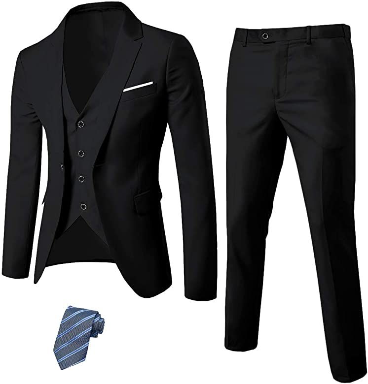 MYS Men's 3 Piece Slim Fit Suit Set, One Button Solid Jacket Vest Pants with Tie | Amazon (US)