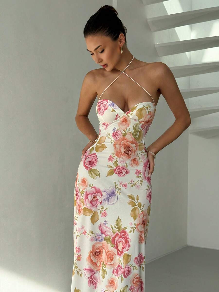 Aloruh Women's Elegant Sexy Floral Print Backless Dress Summer Summer Outfits Summer Clothes Beac... | SHEIN