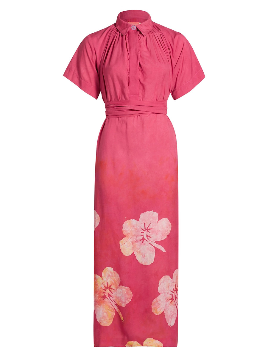 Women's Issa Floral Cotton Belted A-Line Midi-Dress - Pink - Size Large | Saks Fifth Avenue