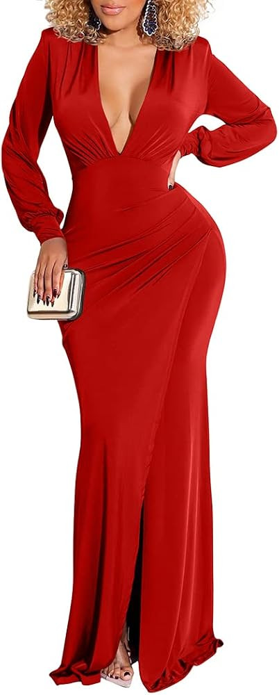 LAGSHIAN Women's Sexy Bodycon Long Sleeve Deep V Neck Split Formal Maxi Party Dress | Amazon (US)