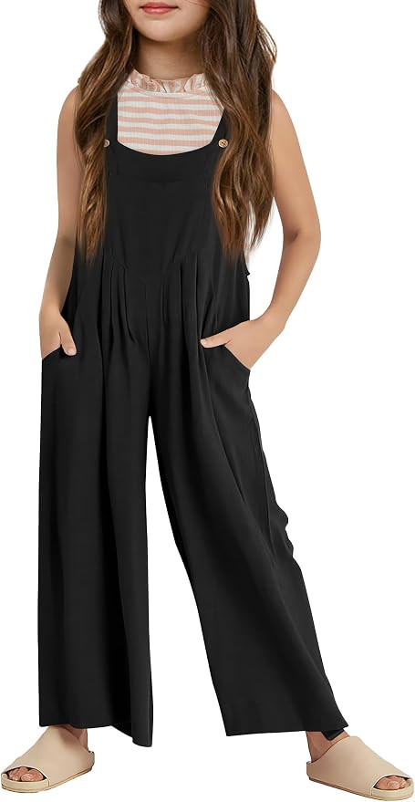 Haloumoning Girls Overalls Kids Casual Sleeveless Wide Leg Jumpsuit Loose Rompers with Pockets 5-... | Amazon (US)