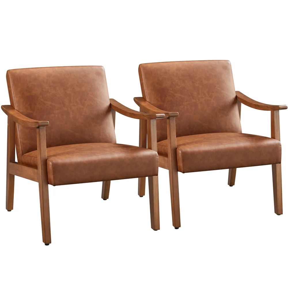 Topeakmart 2pcs Mid-Century Faux Leather Armchair Accent Chair with Solid Wood Legs, Light Brown | Walmart (US)