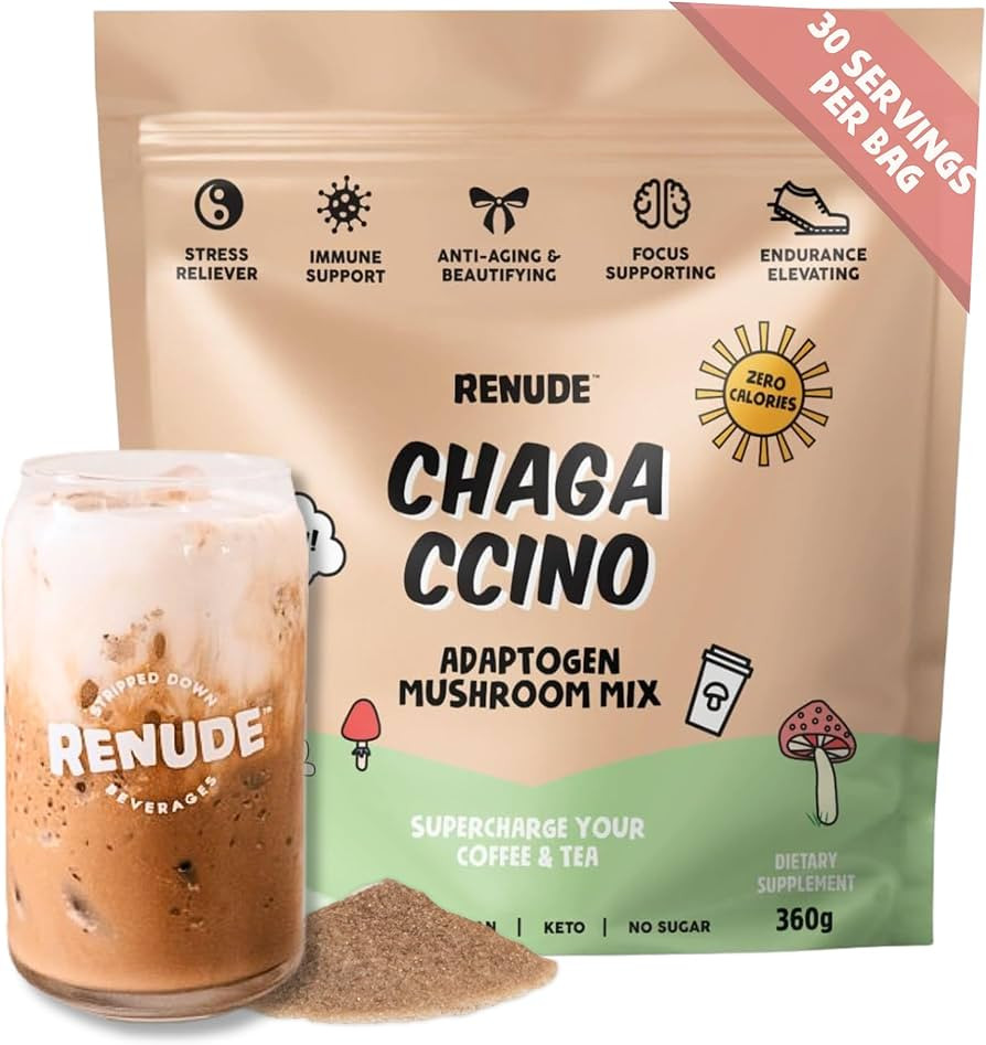 Renude Chagaccino - Chaga Mushroom Powder, Mushroom Coffee Drink Mix with Adaptogens, Natural Ene... | Amazon (US)