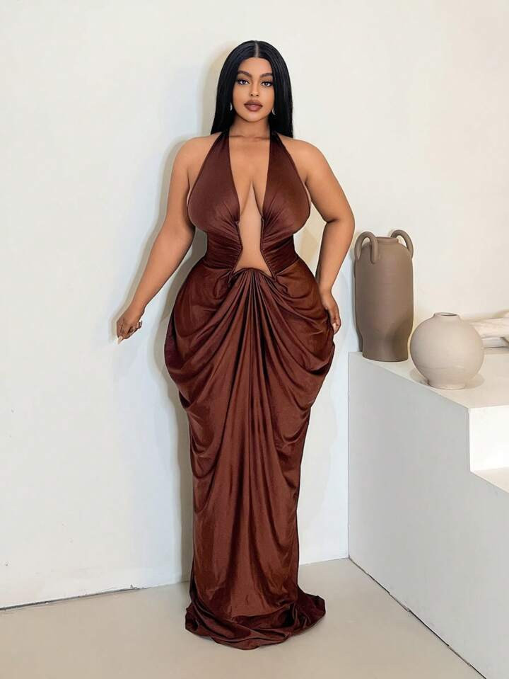 Maweii Plus Size Women Deep V-Neck Ruched Solid Color Sleeveless Dress | SHEIN