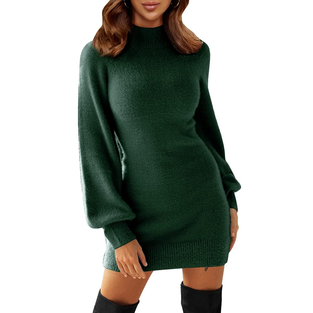EXLURA Women's 2025 Mock Neck Ribbed Long Sleeve Bodycon Pullover Cute Mini Sweater Dress | Amazon (US)