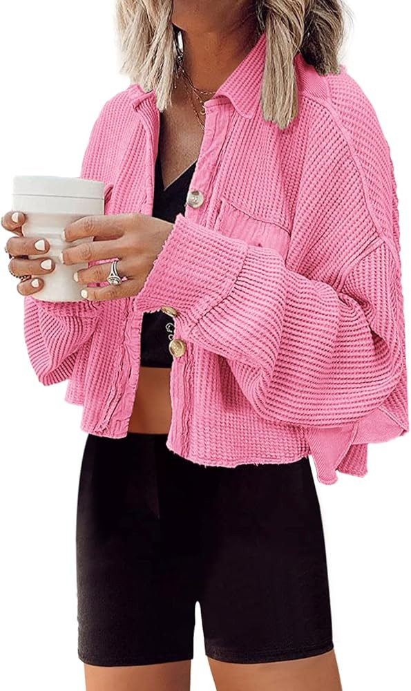 Panadila Women's Cropped Waffle Knit Shacket Short Button Down Jacket Batwing Sleeve Shirts with ... | Amazon (US)