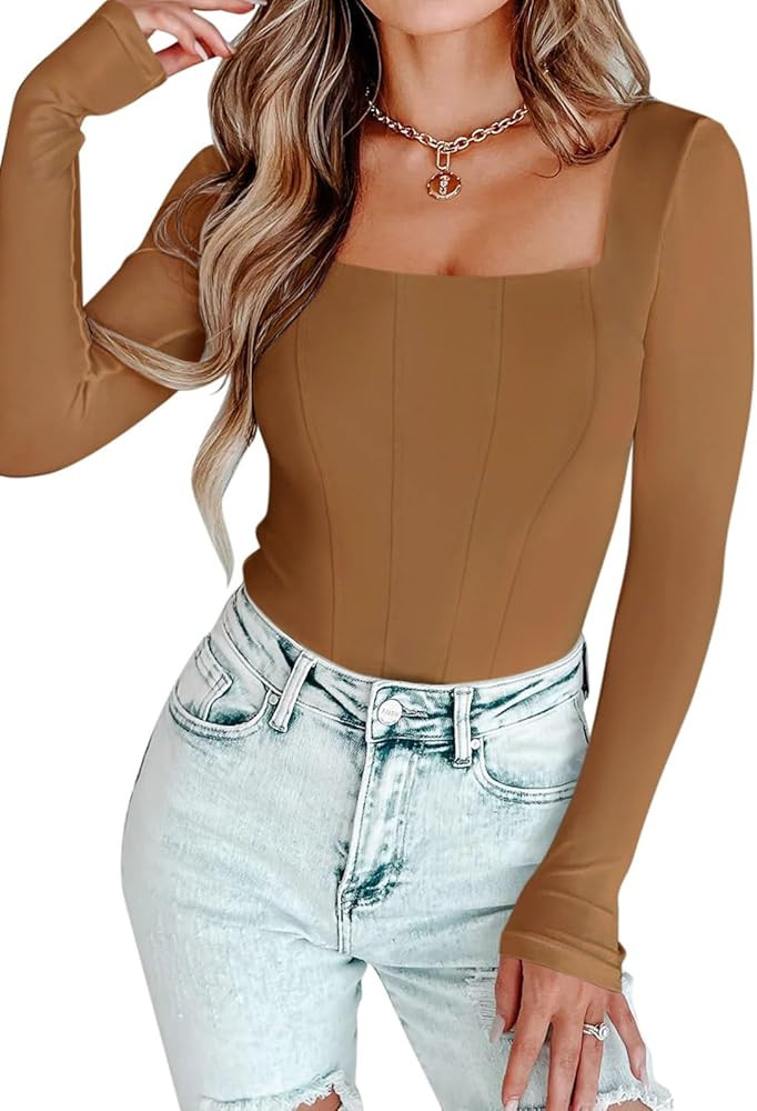 PINKMSTYLE Womens Square Neck Mesh Long Sleeve Bodysuit Shapewear Corset Tops Sexy Concert Outfit... | Amazon (US)