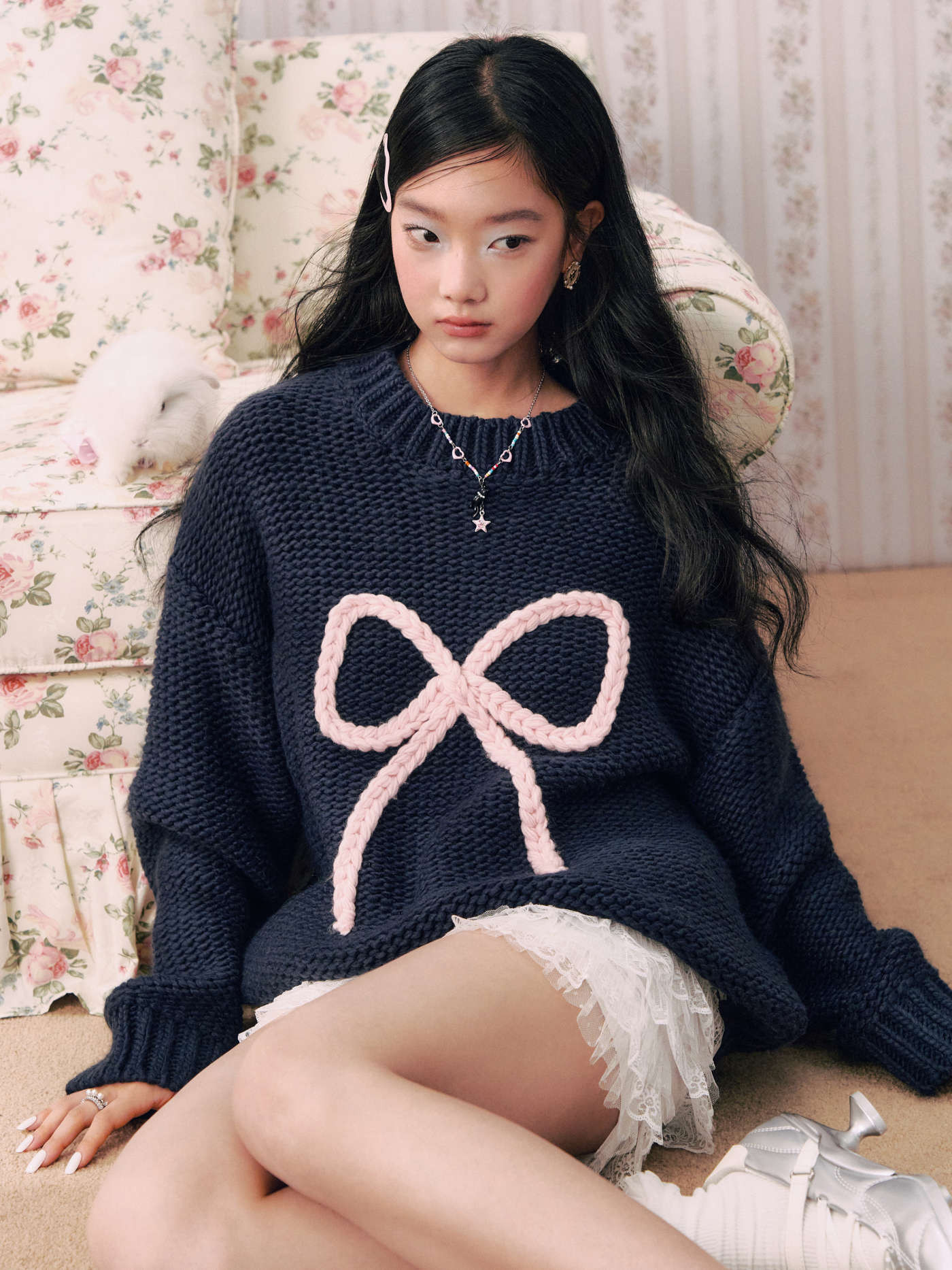 Crochet Knit Crochet Round Neckline Bowknot Oversized Chunky Sweater For Daily Casual | Cider