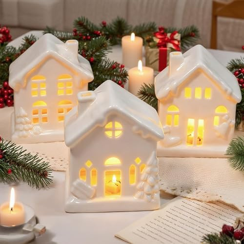 NEROSUN Ceramic Christmas Village Houses, 3Pcs LED Lighted Porcelain White Small House Tabletop Figurines, Light Up Christmas Decorations for Home Shelf Cabinet Table Winter Decor | Amazon (US)