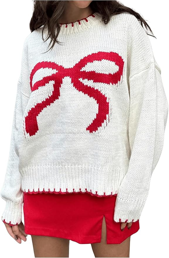 Milumia Women's Bow Print Drop Shoulder Long Sleeve Sweater Crew Neck Knit Fall Tops | Amazon (US)