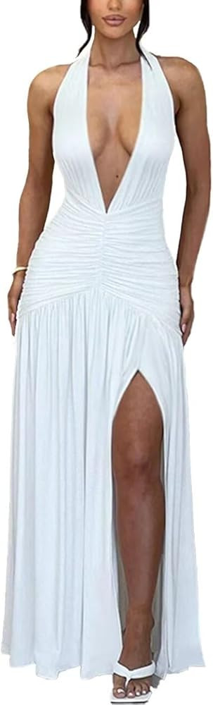 Ekaliy Women's Sexy Halter Deep V Neck Maxi Dress Sleeveless Backless High Slit Ruched Long Dress... | Amazon (US)