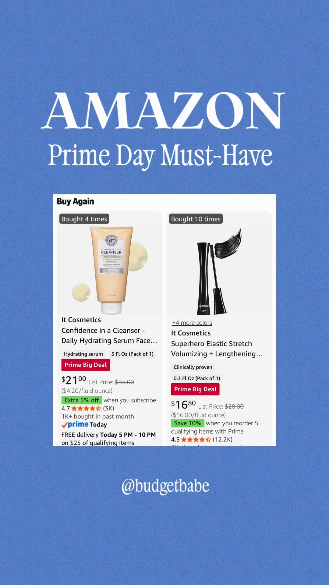 I restock on these every Prime Deals event! This is a real actual deal! Any other time of year, even on the IT Cosmetics website, Sephora, Ulta, you name it, you can’t find these products this low. And they are literally the best. The cleanser especially. I ran out several weeks ago and it’s been torture using other cleansers lol! This one melts off makeup including mascara without leaving you with raccoon eyes, or tight dry skin, won’t burn your eyes. All you need is a pea size amount. I’m buying two today! #amazon beauty deals anti-aging best over 40 skincare