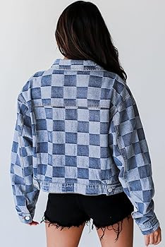 Ecosunny Womens Casual Long Sleeve Button Down Shirt Jacket Checkered Patchwork Denim Jacket Ligh... | Amazon (US)