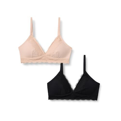 Amazon Essentials Women's Peached Microfibre with Lace Trim Lined V Neck Bralette, Pack of 2, Black/Soft Petal, XX-Small | Amazon (US)