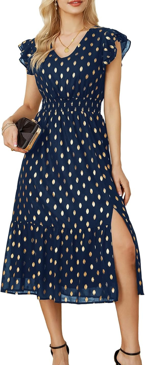 GRACE KARIN Women's Cocktail Dresses 2025 V Neck Ruffle Sleeve Dress, A-Line Midi Swing Wedding G... | Amazon (US)