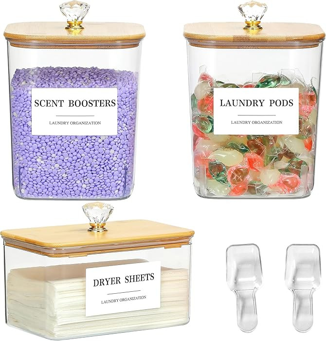 3 Pack Plastic Laundry Pods Container & Dryer Sheet Holder with Lids, Labels & Scoops - Laundry P... | Amazon (US)