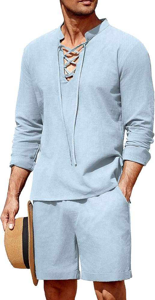 COOFANDY Men's 2 Pieces Cotton Linen Set Summer Beach Outfit Henley Yoga Lace Up Long Sleeve Shir... | Amazon (US)