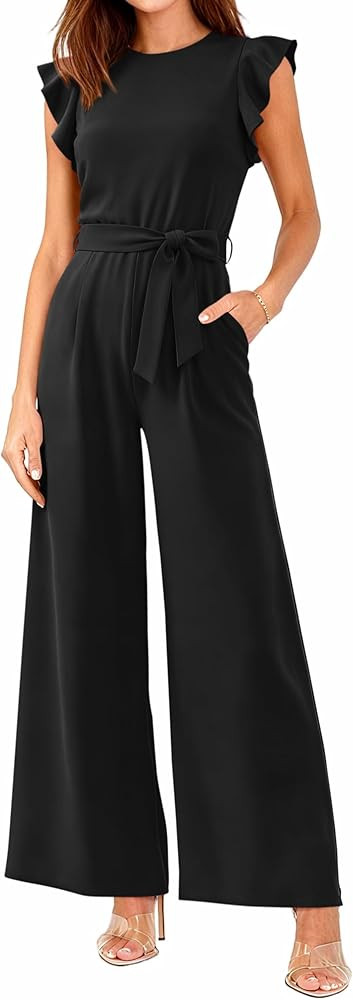 BTFBM Jumpsuits For Women 2026 Crew Neck Dressy Cap Sleeve Belted High Waist Wide Leg Romper One ... | Amazon (US)