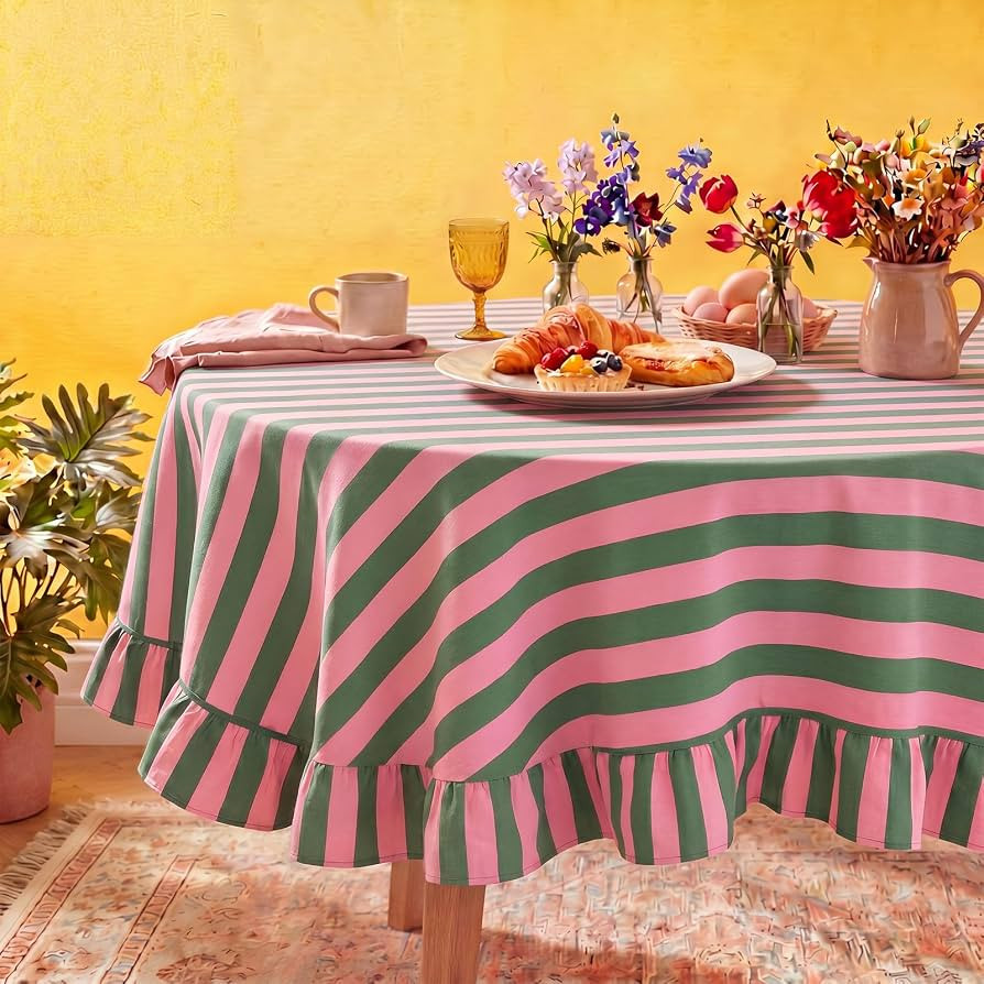 Tudomro 1 Pcs Ruffle Edge Striped Tablecloth, 60'' Scalloped Table Cover, Farmhouse Linen Fabric ... | Amazon (US)