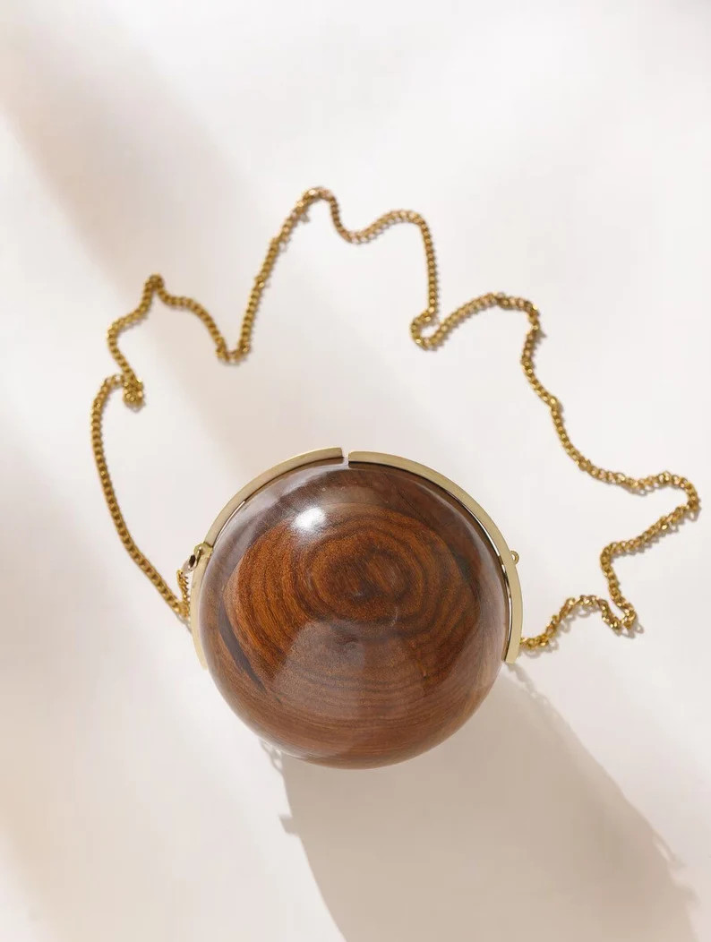 Brown Handcrafted Wooden Clutch - Handbag With Gold Chain - Ball Evening Clutch - Etsy | Etsy (US)