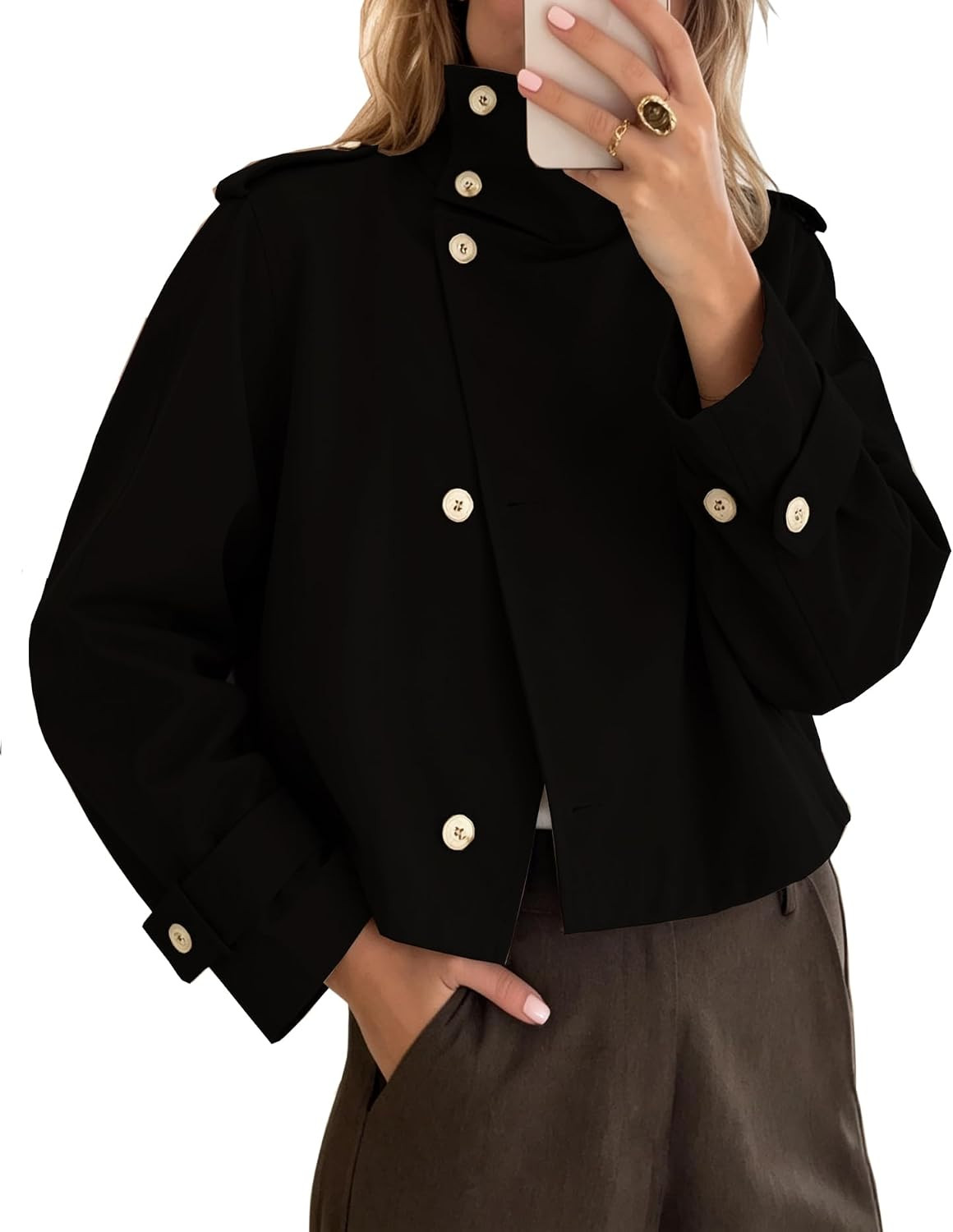 Women Cropped Trench Coats Fall Funnel High Neck Windbreaker Jackets | Amazon (US)